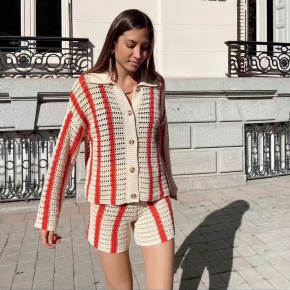 Casual Crochet Two-piece Cardigan & Short Set